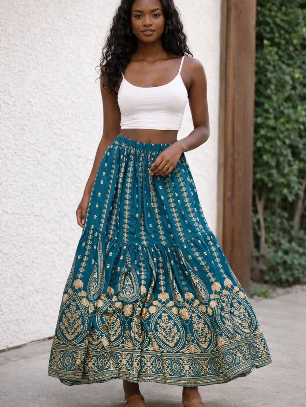 Bohemian Teal Maxi Skirt with Gold Print